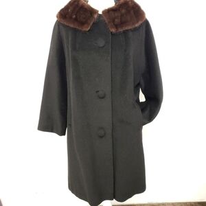 Vtg Townly Wool Dress Coat Mink Fur Collar Black L Satin Lined EUC Mid Century